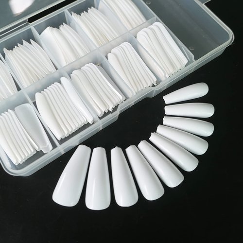 Colored Coffin Press on Nails Long Ballerina False Fake Nail Tips Full Cover Manicure Design Acrylic Nails 100pc for Women Teen Girls (White)