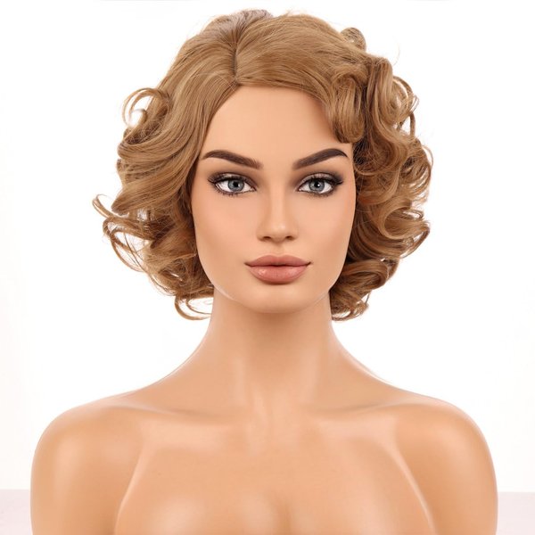 BERON Strawberry Blonde Wigs Women Girls Short Curly Bob Wig Side Part Synthetic Hair Wig Halloween Costume for Cosplay Party or Daily Used
