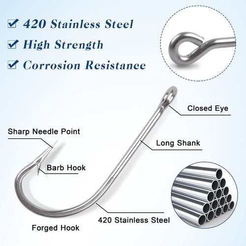 Saltwater Fishing Hooks- 45pcs Stainless Steel Hooks O'Shaughnessy Forged Long Straight Shank J Fishing Hook Extra Strong for Saltwater Freshwater Fishing Size 1/0-10/0