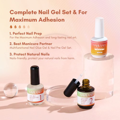 SAVILAND 6-in-1 Nail Glue Gel with Mini Nail Lamp x Nail Dehydrator and Primer 15ml - Super Strong U V Extension Adhesive Gel x Nail Glue for Press On Nails Polish Blooming Acrylic Nail Art Kit DIY