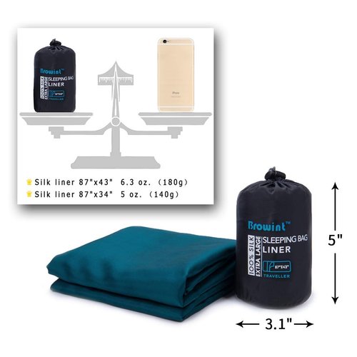 Browint Silk Sleeping Bag Liner, Silk Sleep Sheet, Sack, Extra Wide 87"x43", Lightweight Travel and Camping Sheet for Hotel, More Colors for Option, Reinforced Gussets, Pillow Pocket