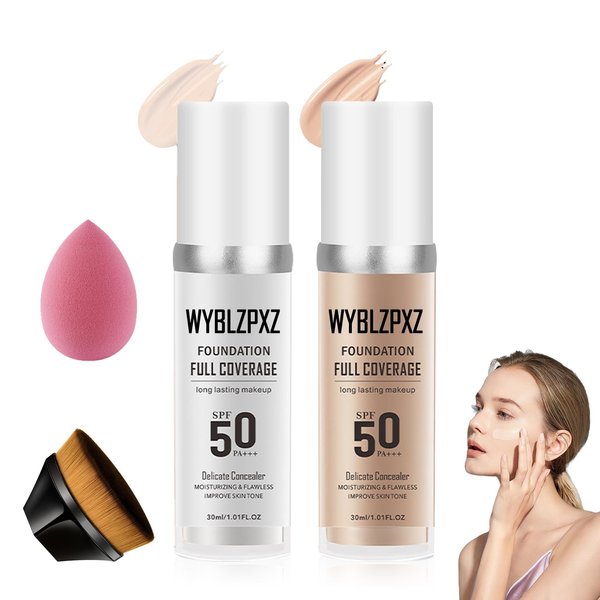2PCS Color Changing Makeup Foundation Set with Brushes & Makeup Sponge,Flawless Full Coverage Foundation SPF50 PA+++,Moisturizing Non-greasy Liquid Foundation for Women