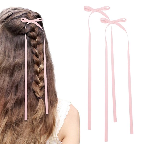 Bow Hair Clips,2 PCS Light Pink Hair Bows Tassel Hair Ribbons,Long Hair Bow Satin Hair Clip Ribbon Accessories for Women Valentine's Day (Light Pink)