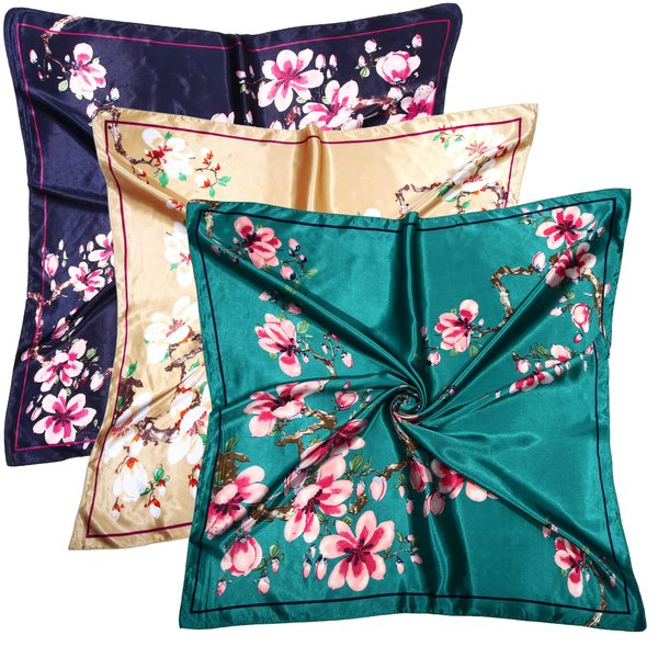 DOOBO 3 Pcs 35 Inches Silk Scarf Satin Head Scarf Hair Scarf Silk Head Scarf Silk Bandana Silk Hair Wrap Neck Scarf Square Scarf for Women Girls(Aquamarine,Navy,Khaki)