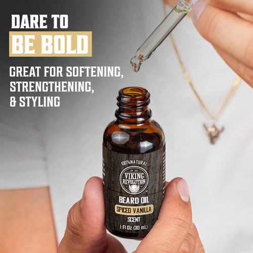 Viking Revolution Beard Oil for Men - All Natural Beard Oil with Argan Oil & Jojoba Oil Beard Conditioner and Softener - Strengthens Beards and Mustaches for Men (1 Pack, Spiced Vanilla)
