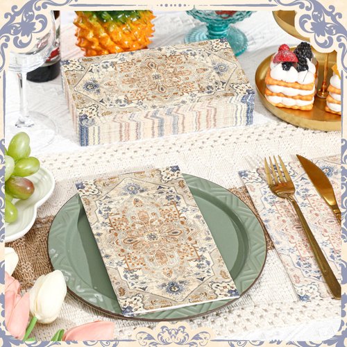 Yeaqee 100 Pcs Boho Napkins Paper Guest Towels 2 Ply Decorative Napkins Disposable Bathroom Napkins Disposable Hand Towel for Kitchen Harvest Party Dinner(Orange and Cyan)