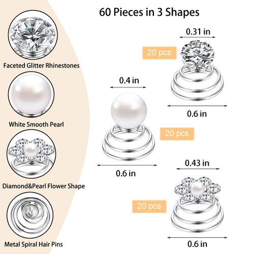 60 PCS 3 Shapes Gems Rhinestone Twister Hair Studs Set Diamond Spiral Pearl Flower Jewels Hair Pins Sticks for Wedding, Bridal, Prom, Party and Special Occasion (Diamond&Pearl&Flower)