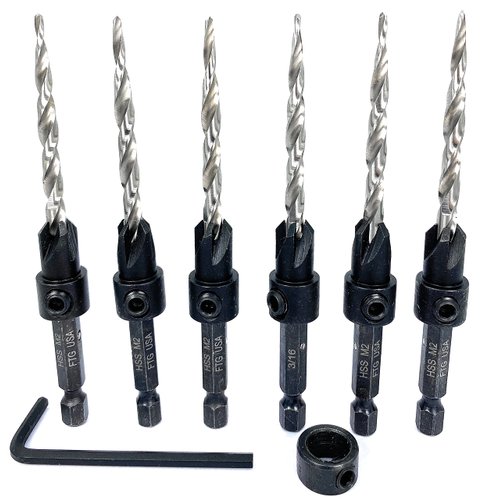 FTG USA Countersink Drill Bit Set 6 Pc #10 (3/16") Wood Countersink Drill Bit Pro Pack Countersink Set, Tapered Countersink Bit, 1 Stop Collar, Hex Wrench, Woodworking Tools