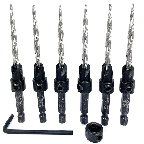 FTG USA Countersink Drill Bit Set 6 Pc #10 (3/16") Wood Countersink Drill Bit Pro Pack Countersink Set, Tapered Countersink Bit, 1 Stop Collar, Hex Wrench, Woodworking Tools