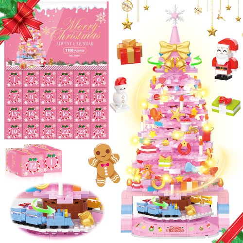 Hadrono Advent Calendar 2024 Christmas Tree Building Block Set, 1188PCS 24 Days Countdown Calendar Building Toy Set with Rotating LED Light, Creative Gift for Kids & Adults, Pink