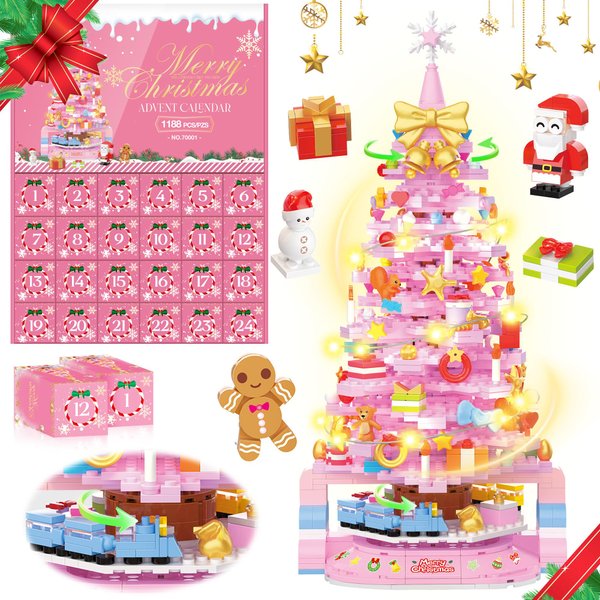 Hadrono Advent Calendar 2024 Christmas Tree Building Block Set, 1188PCS 24 Days Countdown Calendar Building Toy Set with Rotating LED Light, Creative Gift for Kids & Adults, Pink