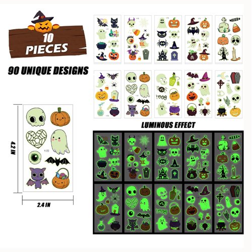 Halloween Temporary Tattoos Halloweeen decor - 10 Sheets Luminous Halloween Tattoos Stickers - Halloween Party Favors Goodie Bag Fillers for Halloween Decorations Party Supplies