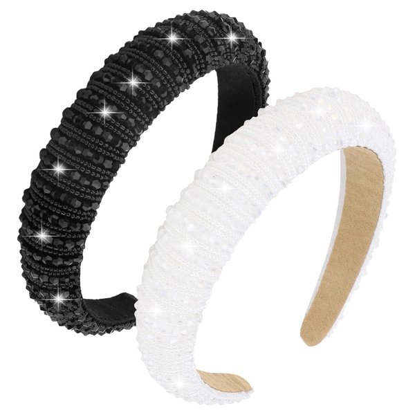 Wecoe 2pcs White Black Rhinestone Headbands Women Girls Crystal Beaded Headband Fashion Cute Bling Sparkly Diamond Padded Thick Puffy Headbands Holiday Hair Accessories For Women Girls Gifts