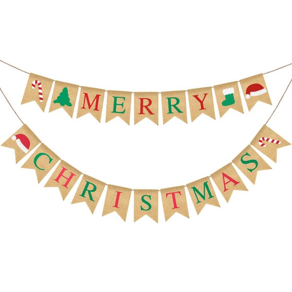GCQQ Merry Christmas Banner, Prestrung Christmas Burlap Banner, Red Green Christmas Banner Decorations, Christmas Banner with Sock, Canes, Merry Christmas Banner for Mantle, Fireplace, Wall
