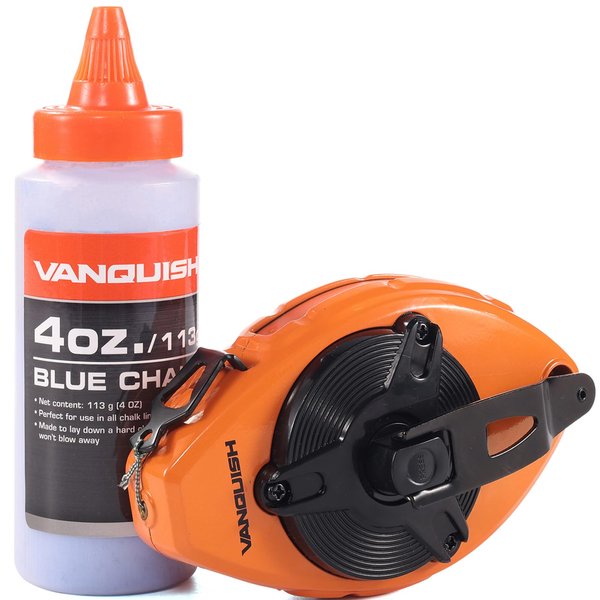 VANQUISH 2 Piece Aluminum Chalk Line Reel 100 Ft. with 4 Oz Blue Chalk Carpenter Construction Chalk Tools 5 to 1 Gear Ratio for Quick Rewind (4301)