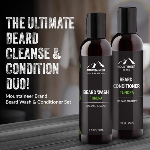 Mountaineer Brand Basic Beard Bundle | Beard Wash and Conditioner for Men | Beard Shampoo/Beard Conditioner Set | Deep Cleans | Leaves Hair Soft and Hydrated | Lime & Sage Scent | 2 Count | 8oz