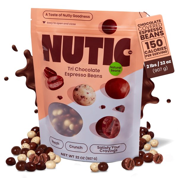 Nutic Chocolate Covered Espresso Beans - 2LB, Assortment of White, Milk & Dark Chocolate Coffee Beans - Bulk Espresso Candy for Rich Coffee Indulgence - (Pack of 1) Package May Vary