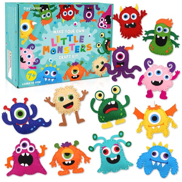 CiyvoLyeen Little Monsters Craft Kit Adopt A Monster Felt Plush DIY Sewing Art Educational Toys Monster Craft Gift Learn How to Sew for Beginners Set of 12 Sewing Kits