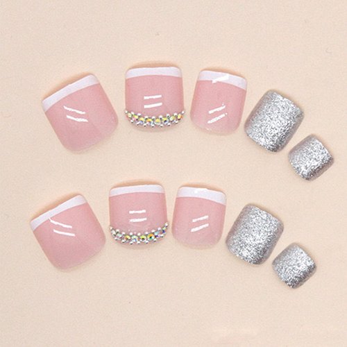 French Tip Press on Toenails Pink Fake Toe Nails Glitter False Toenails Glossy Full Cover Acrylic Toenails with Design Rhinestones Toe Press on Nails Toe Nail Press ons for Women Manicure 24Pcs