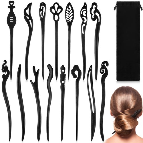 15 Styles Wooden Hair Chopsticks Japanese Hair Chopstick for Women Bun Maker Wood Hair Sticks Chinese Hair Chopsticks Handmade Carved Pencil Hair Sticks Retro Hair Pins Barrettes with Flannel Bag