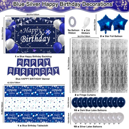Navy Blue Birthday Decorations for Men Boys Women Girls, Blue and Silver Party Decorations with Happy Birthday Banner Backdrop Tablecloth Blue Star Balloons Silver Fringe Curtains Party Supplies