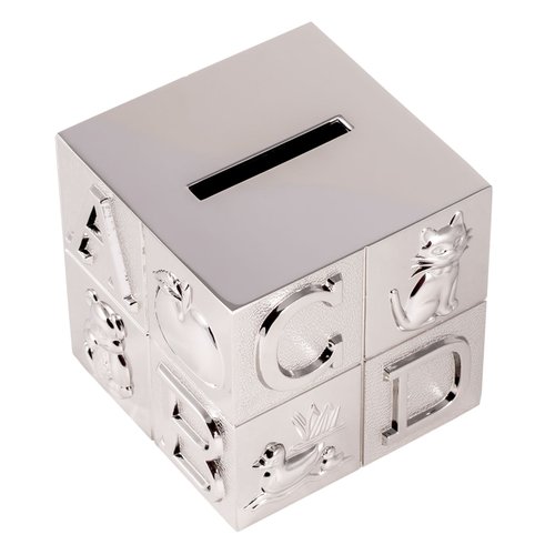 Creative Gifts International Pewter ABC Block Bank for Kids, Newborn Gift, Silver, 3”x3”x3”, Shiny Non-Tarnish Nickel Plated Finish, Polished Finish, Gift Box Included