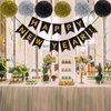 Black and Gold Happy New Year Banner with Bunting Swirl Streamers and Pom Poms for New Years Eve Party Supplies 2025 Happy New Year Decorations