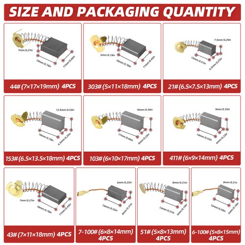 QCDENG 40PCS Electric Motor Carbon Brushes Replacement Repair Tool Set,10 Different Sizes Graphite Carbon Brush for Motor
