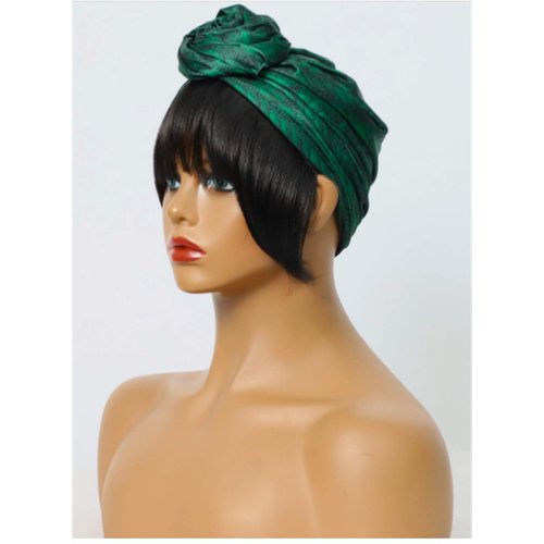 OYSRONG Short Black Color Straight Headband Afro Wig With Green Headband Attached Wigs With Turban Head-wrap Wig