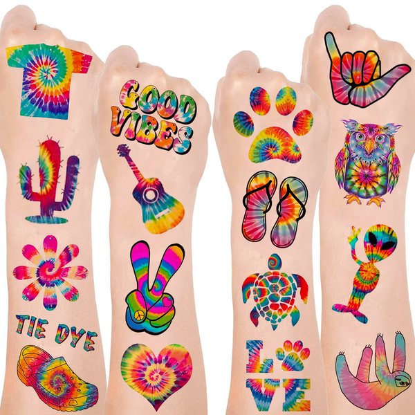 Tie Dye Party Favor 192PCS Tie Dye Temporary Tattoos Stickers 16 Sheet Body Art Fake Tattoos for Tie Dye Birthday Party Decorations supplies for Kids Boys Girls Carnival Rewards