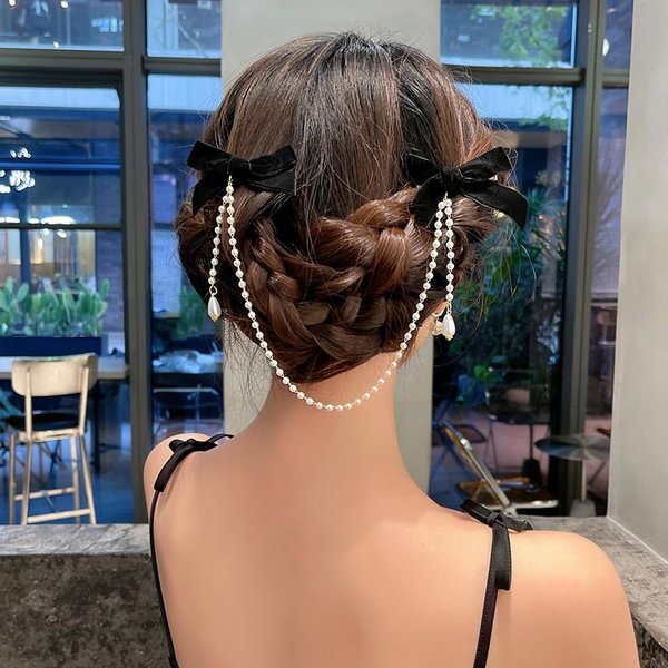Velvet Bow Hair Clips Pearl Tassel Chain Hair Bow Barrettes Black Bow Claw Clip Hairpins Sweet Bowknot Snap Hair Clip Small Cute Alligator Hair Clips Hair Accessories Gift for Women Girls Toddlers