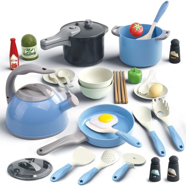 Bruvoalon 32Pcs Kids Play Kitchen Toys Set, Toddlers Pretend Cooking Playset Acccessories with Pots Pans, Utensils Cookware, Foods, Canned Veges, Learning Gift for Kids Girls Boys (Green)