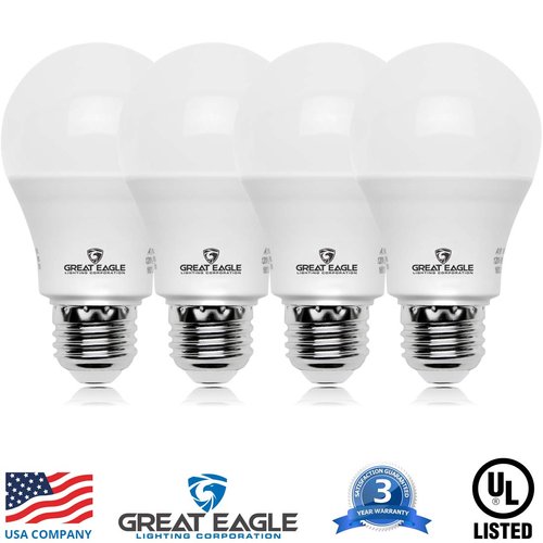 Great Eagle A19 LED Light Bulb, 9W (60W Equivalent), UL Listed, 3000K Soft White, 800 Lumens, Dimmable, Standard Replacement (4 Pack)