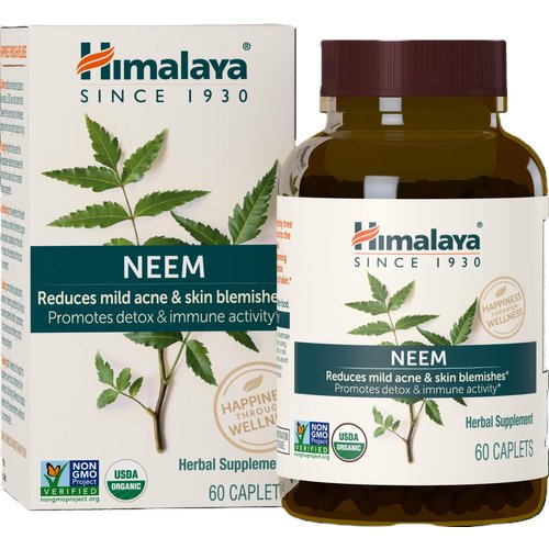 Himalaya Organic Neem Herbal Supplement, for Mild Acne & Clear Skin, Purifying, Ayurvedic, USDA Certified Organic, Non-GMO, Vegan, 600 mg, 60 Plant Based Caplets, 2 Pack
