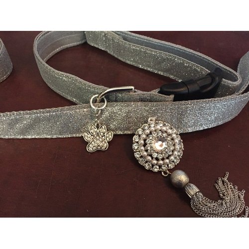 Silver designer dog collar. 13"-17", 58" leash