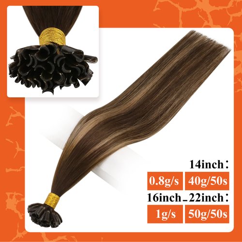 Full Shine U Tip Hair Extensions Human Hair Color 4 Medium Brown Fading to 24 Blonde Highlight 4 Keratin Hair Extensions Human Hair 16 Inch Fusion Hair Extensions Human Hair 50g/50s U Tip Hair