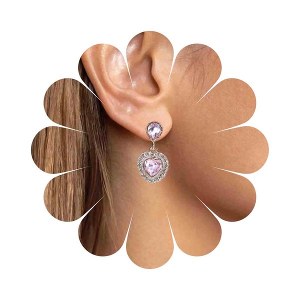 Sttiafay Vintage Pink Crystal Heart Earrings Pink Cz Teardrop Earrings Rhinestone Heart Drop Earrings Pink Gemstone Stud Earrings Jewelry for Women(Pink)