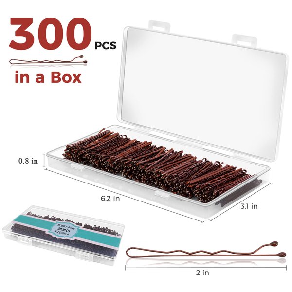 300 Pcs Bobby Pins Brown, EWAGOA Brown Hair Pins for Women Girls and Kids, Invisible curled Hair clips with Storage box, Pain-Free Hairpins（2 Inch Brown）