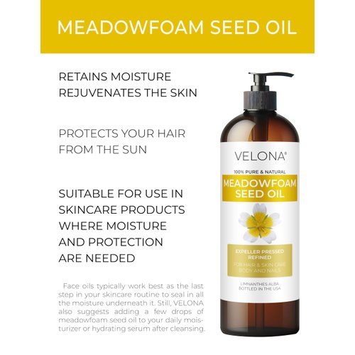 velona Meadowfoam Seed Oill 16 Fl Oz | 100% Pure and Natural Carrier Oil | Refined, Cold pressed | Cooking, Skin, Hair, Body & Face Moisturizing | Use Today - Enjoy Results