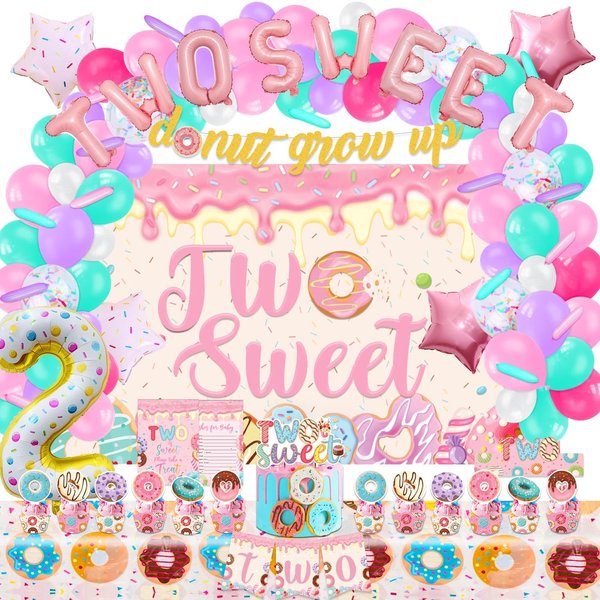 LXlucktim Two Sweet Birthday Party Supplies for 2 Year Old Girl, 150 Pcs Donut Party Decorations for Girls Baby - Backdrop, Cake, Cupcake Toppers, Tablecloth, Highchair Nanner, Crown and Poster