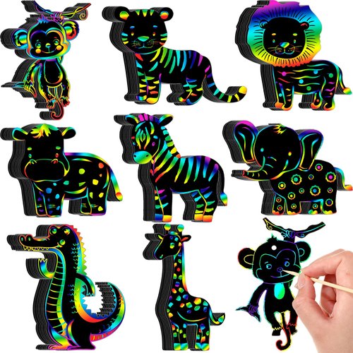 RoundFunny 80 Pcs Jungle Safari Animal Scratch Cards Party Favors Colorful Wild Scratch Painting Scratch Off Paper for Kids DIY Art Craft Kit with 80 Pcs Stick and Ribbon for Birthday Party Ornaments
