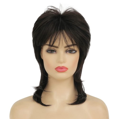 Dai Cloud Short Black Mullet Wig for Women Shaggy Layered Fluffy Wig 80s Rocker Wig for Women Black Curly Wig Cosplay Halloween Daily Costume Wigs Hair Replacement Wigs