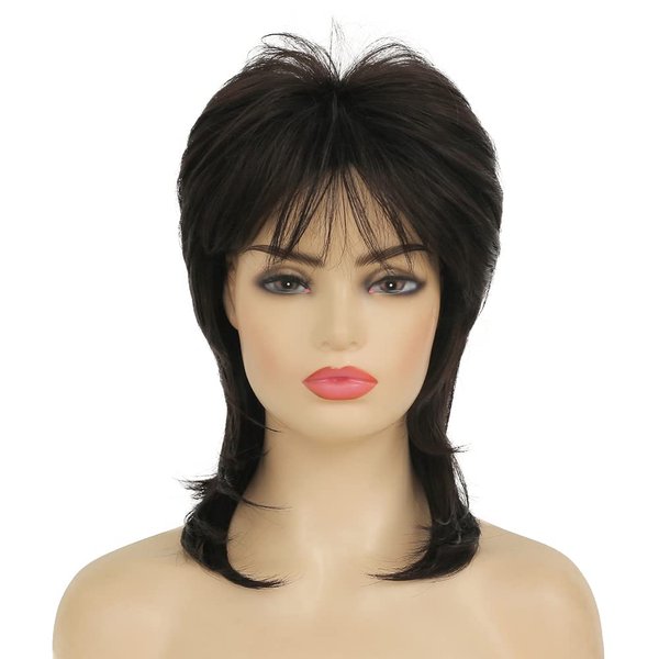 Dai Cloud Short Black Mullet Wig for Women Shaggy Layered Fluffy Wig 80s Rocker Wig for Women Black Curly Wig Cosplay Halloween Daily Costume Wigs Hair Replacement Wigs