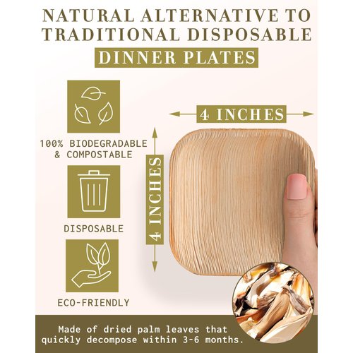 brheez Palm Leaf Disposable Plates - 25 Pack 4" Eco-Friendly, Sturdy & Biodegradable Bamboo Plates for Parties, Weddings - Oven Safe, Leakproof for Appetizers, Desserts