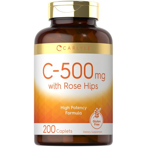 Carlyle Vitamin C with Rose HIPS 500mg | 200 Caplets | High Potency Formula | Vegetarian, Non-GMO and Gluten Free Supplement