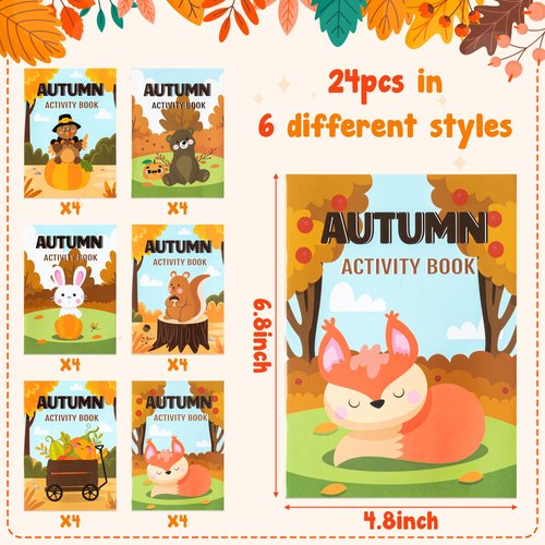 24Pcs Autumn Activity Books for Kids Fall Theme Mini Games Coloring Book Set Bulk Mazes Word Search Word Scramble Games for Birthday Thanksgiving Halloween Party Goodie Bags Stuffers Classroom Favors