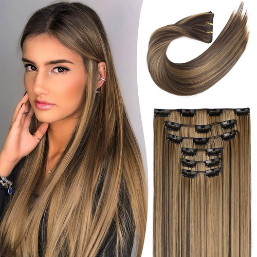 Clip in hair extensions，LONAI 6PCS Straight 24" Hair Extensions for Women，Heat Resistant Synthetic Hairpiece -Deep Brown with Dirty Blonde