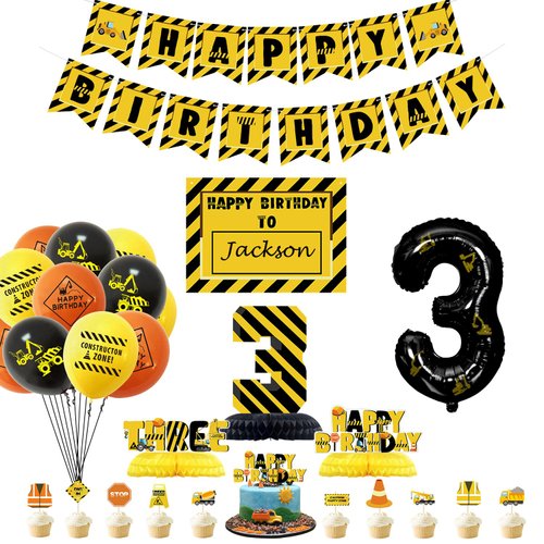 Construction Birthday Party Supplies for Kids' 3rd Birthday Party, Dump Truck Balloons Happy Birthday Banner Number 3 Balloon Cupcake Toppers for Boys' Birthday Decoration 40 Pack