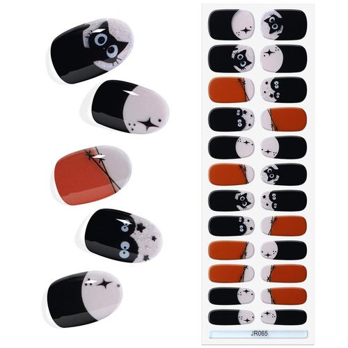 24pcs Halloween Semi Cured Gel Nail Stickers Long Lasting Manicure Nail Wraps Salon-Quality Semi-Cured Gel Nail Strips UV Lamp Required Semicured Gel Nail Wraps for Women (Trick Cat 065)