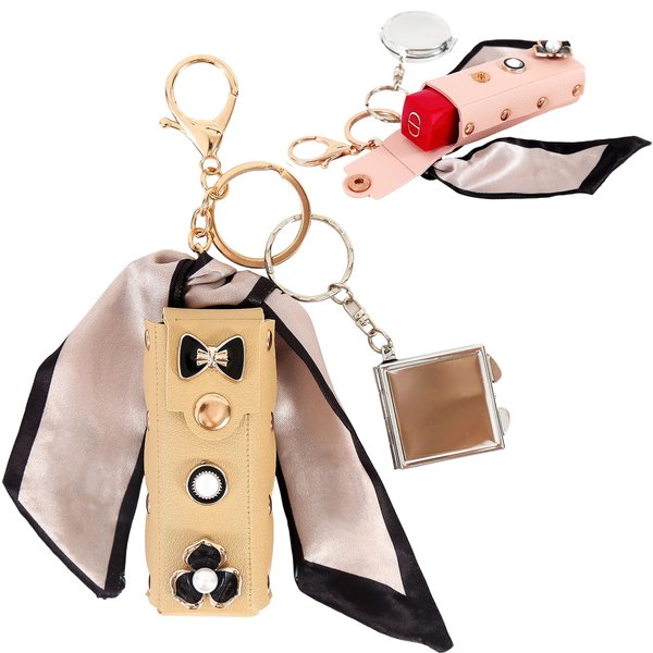 muchly 2Pcs lipstick case with mirror for purse,Lipstick Holder For Purse With Keychain,Girls Travel Leather Lipgloss Makeup Case for Lipstick Lip Gloss Cosmetics (Pink and Khaki)